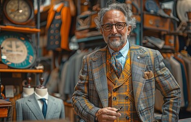 Attractive man wearing spectacles fitting men at ateliers for custom suits