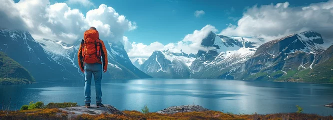 Afwasbaar Fotobehang Noord-Europa A Man Seeking Happiness in the Picture-Perfect Norwegian Landscape