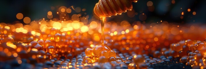 Yummy honey background. Tasty honey bg. Yummy honey cover. Flowing honey with beautiful light and bright colours. Yellow, black, gold. An advert for wholesome honey to live happily ever after - obrazy, fototapety, plakaty