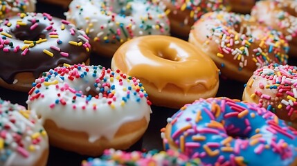 Colorful glazed donuts with sprinkles on black background