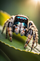 Colorful Jumping Spider on Green Leaf - Macro Photography, Wildlife, Nature - Generative AI