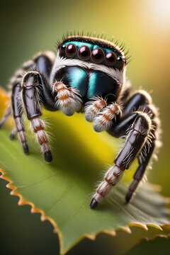 Colorful Jumping Spider on Green Leaf - Macro Photography, Wildlife, Nature - Generative AI