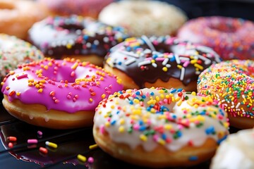 Delicious donuts with icing and colorful sprinkles - obrazy, fototapety, plakaty