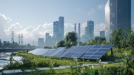 6w photorealistic image of a solar installation on a sunny day with a modern city in the background 