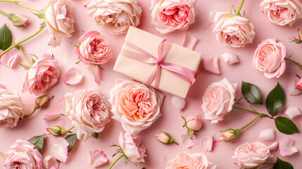 Paper card between light pink roses and gift.