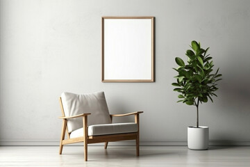 Experience serenity in a Scandinavian living room with a wooden chair, a lively plant, and an empty frame poised for your creative words.