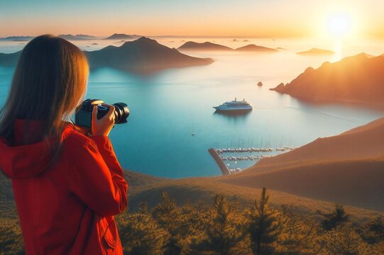 A woman in a red jacket is taking a picture of a beautiful sunset over the ocean