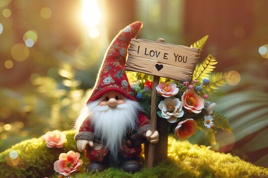 A gnome holding a sign that says I love you