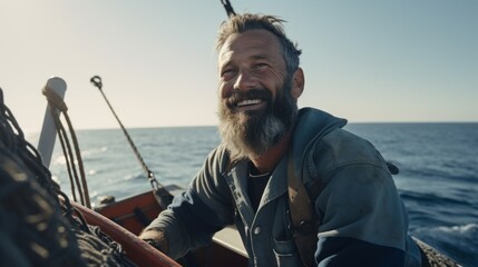 Obraz premium The fisherman catches fish in the sea. Hard work. Fishing net, boat, sea, fish.