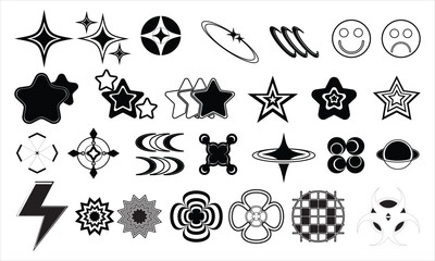 Collection of abstract graphic geometric symbols and objects in y2k style Free Vector. Y2K circle and retro-futuristic elements for decoration Free Vector.