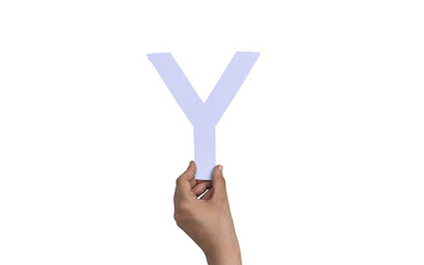 closeup hand holding paper letter Y isolated on white