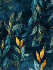 A blue background adorned with intricate gold leaves scattered across the surface, creating a striking contrast between the vibrant colors.
