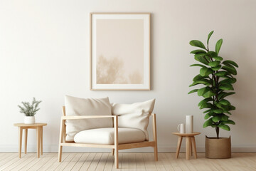 Find solace in the simplicity of a beige living room with a wooden chair, a flourishing plant, and an empty frame poised for your expression.