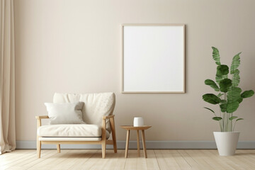 Beige and Scandinavian aesthetics blend seamlessly in a living room, highlighting a chair, plant, and an empty frame for text.