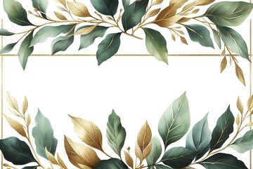 gold and green leafy border with a white background - obrazy, fototapety, plakaty