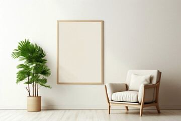A cozy beige living room with a single wooden chair adorned with a lush green plant, set against a...