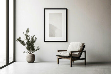 Fototapeta premium Minimalist living room with a lone chair, botanical touch, and an open frame inviting your creative input.