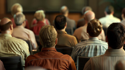 A person is seen from behind, attending a seminar with other attendees in a conference room setting, focusing on the event.