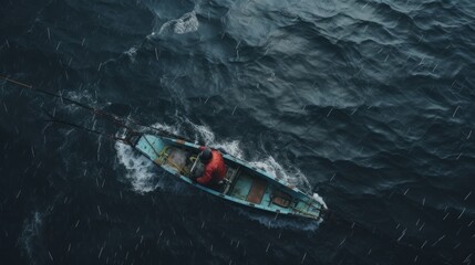 Fototapeta premium Fishing boat top view. The fisherman catches fish in the sea. Hard work. Fishing net, boat, sea, fish.