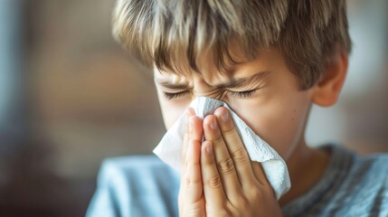 a boy sneezing into a paper tissue. allergies, hay fever, colds, Spring allergies, and getting sick concept. - obrazy, fototapety, plakaty