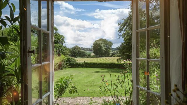 view from open window to the garden. seamless looping overlay 4k virtual video animation background