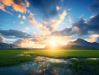 Fototapeta premium Sunset over the rice field with mountains in the background and reflection