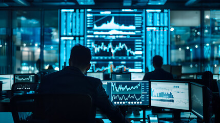 Financial Analysts and Stock Market Monitors with trading floor environment. - obrazy, fototapety, plakaty