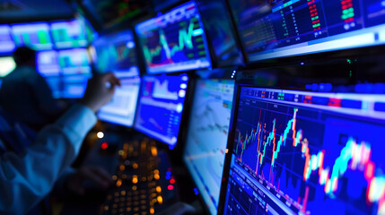 Financial Analysts and Stock Market Monitors with trading floor environment.