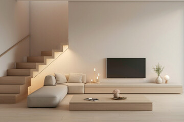Inviting TV room with beige stairs, soft lighting, and a minimalist Scandinavian aesthetic.