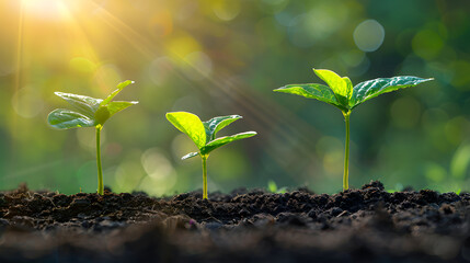 A row of young green plants growing in soil, with a blurred green background and bokeh effect. - obrazy, fototapety, plakaty