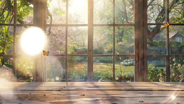 wooden table and view through window on garden. seamless looping overlay 4k virtual video animation background