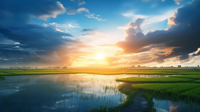 Sunset over the rice field with mountains in the background and reflection