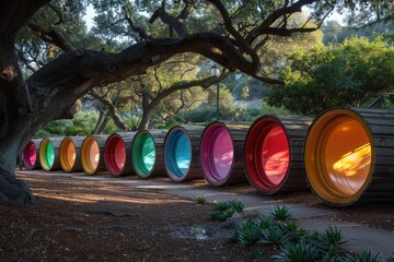 the outdoor playground in a park with colored tunnels and slides professional photography