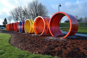 the outdoor playground in a park with colored tunnels and slides professional photography