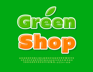 Vector advertising poster Green Shop. Modern Creative Font. Artistic Alphabet Letters and Numbers.