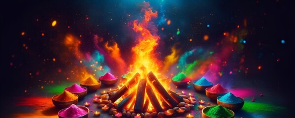 Illustration of bonfire with bowls filled with color powders for holika dahan. - obrazy, fototapety, plakaty