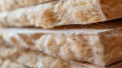 Fotobehang High-quality mineral wool batts, showcasing their fibrous texture and density, ideal for thermal and acoustic insulation in residential construction. © TensorSpark
