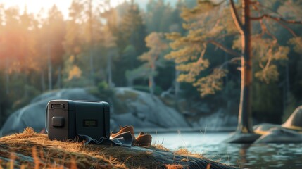 Portable power station, a compact and eco-friendly generator designed for outdoor activities like camping, hiking, and emergency preparedness. - obrazy, fototapety, plakaty