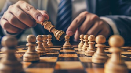 A conceptual image showcasing a chessboard with a hand moving a chess piece, symbolizing strategic thinking, decision-making, and leadership in a business context. - obrazy, fototapety, plakaty
