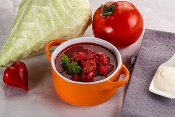 Borsch soup with cabbage and beetroot