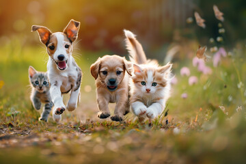 Cute funny dog and cat group jumps and running and happily a field blurred background