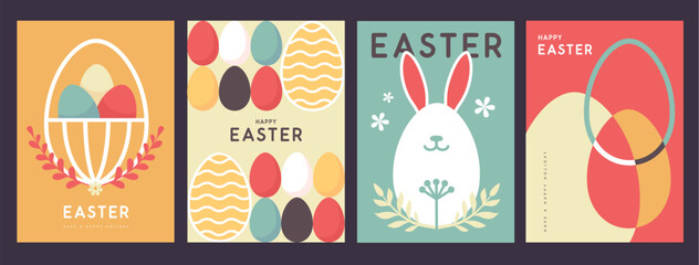 Set of retro holiday flat Easter posters with rabbit ears, Easter eggs, willow branch and floral elements. Vector illustration - obrazy, fototapety, plakaty