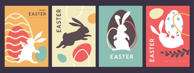 Set of retro holiday flat Easter posters with rabbit silhouette, Easter eggs and willow branch. Vector illustration