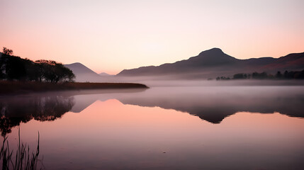 Generative AI, Dawn's Reflection: Serene Lake Amidst Mountains in Pink and Orange Hues