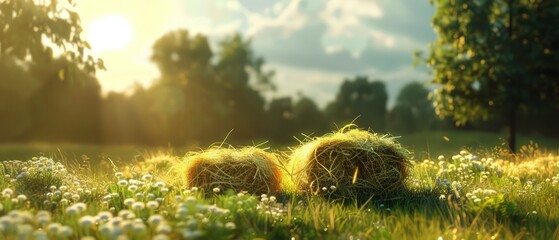 Two Hay Bales in Grass Field - obrazy, fototapety, plakaty