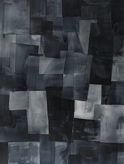 A black and white painting featuring interconnected squares and rectangles creating a structured and abstract visual composition.