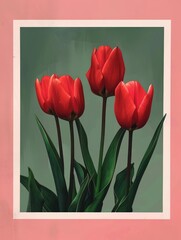 Three vibrant red tulips are elegantly displayed within a pink frame, creating a striking contrast that enhances the beauty of the flowers.