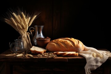 The table is decorated with freshly baked white bread and wheat bundles. Homemade bread, cut into pieces