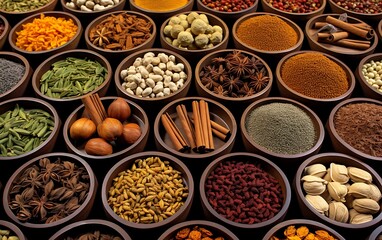 Spices and herbs in metal bowls over wooden background