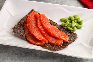 Sliced salmon sashimi in the plate